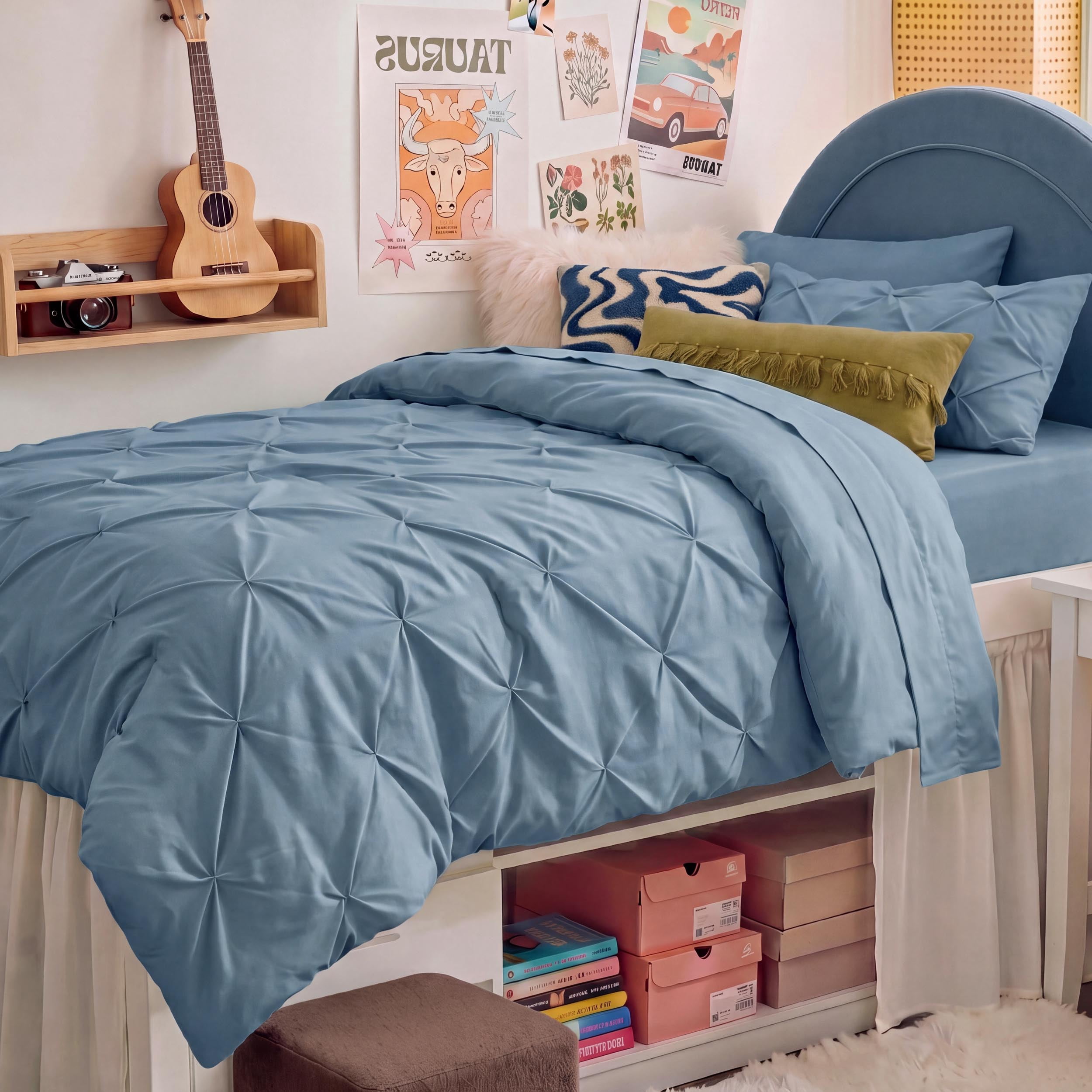 U Bedsure U by Bedsure Twin/Twin XL Comforter Set Mineral Blue, Bedding for College Dorm, 5 Pieces Bed in a Bag with Pinch Pleat Comforter, Sheets, Pillowcases & Shams