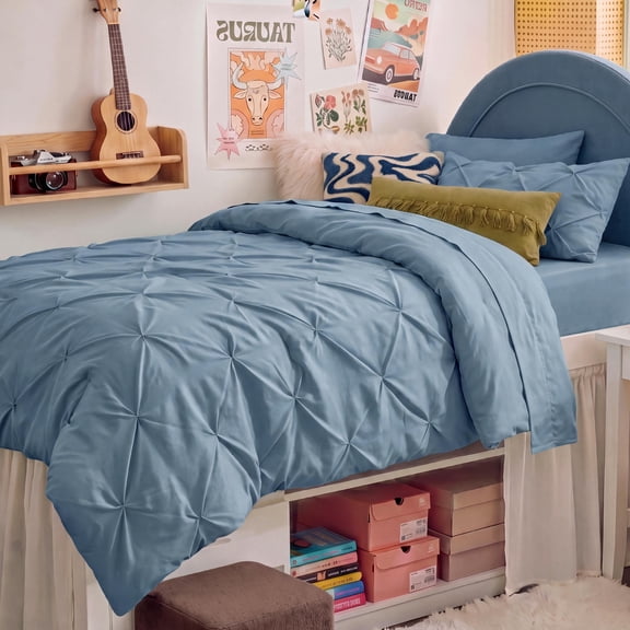 U by Bedsure Twin Twin XL Comforter Set Mineral Blue, Bedding for College Dorm, 5 Pieces Bed in a Bag with Pinch Pleat Comforter, Sheets, Pillowcases & Shams