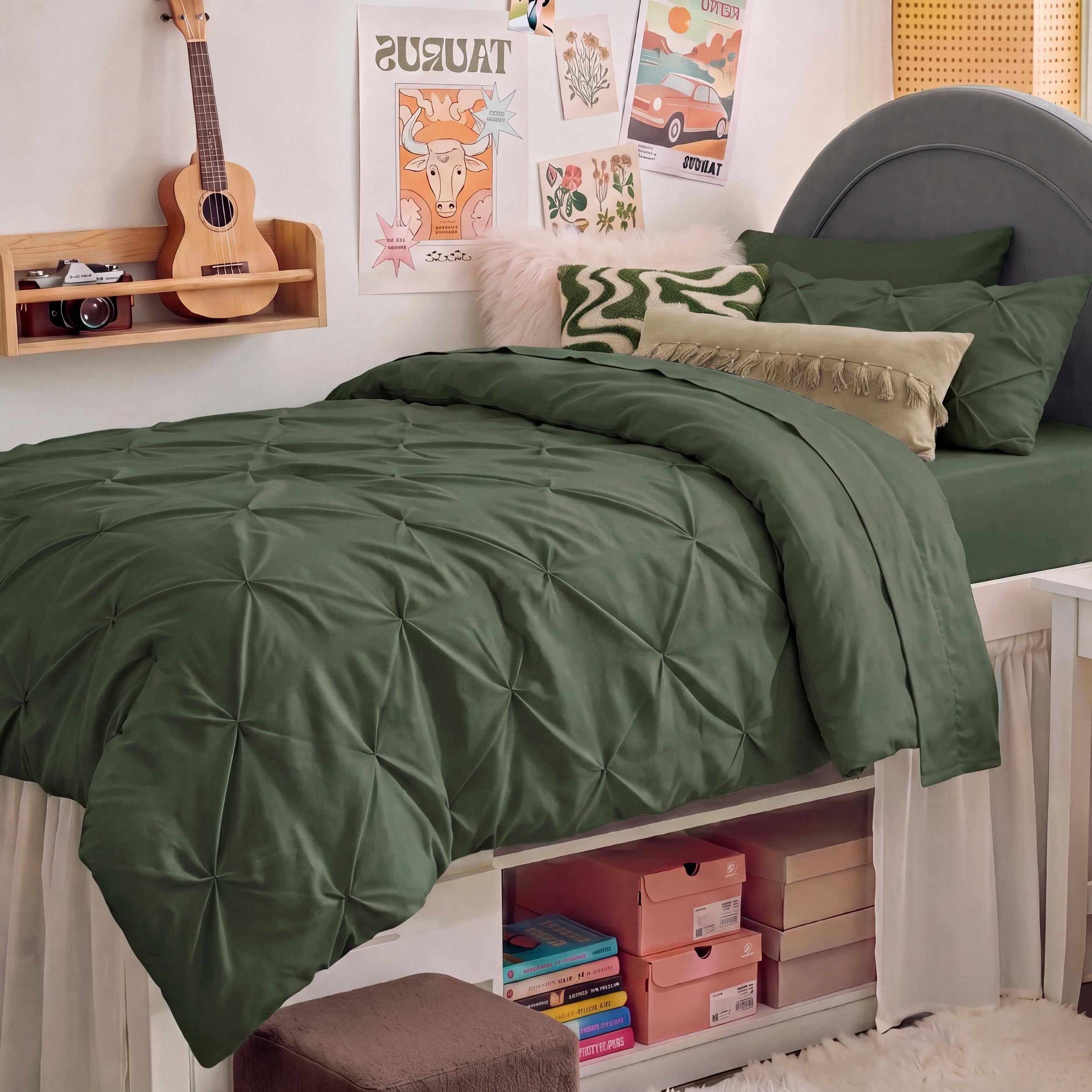U Bedsure U by Bedsure Twin/Twin XL Comforter Set Olive Green, Bedding for College Dorm, 5 Pieces Bed in a Bag with Pinch Pleat Comforter, Sheets, Pillowcases & Shams