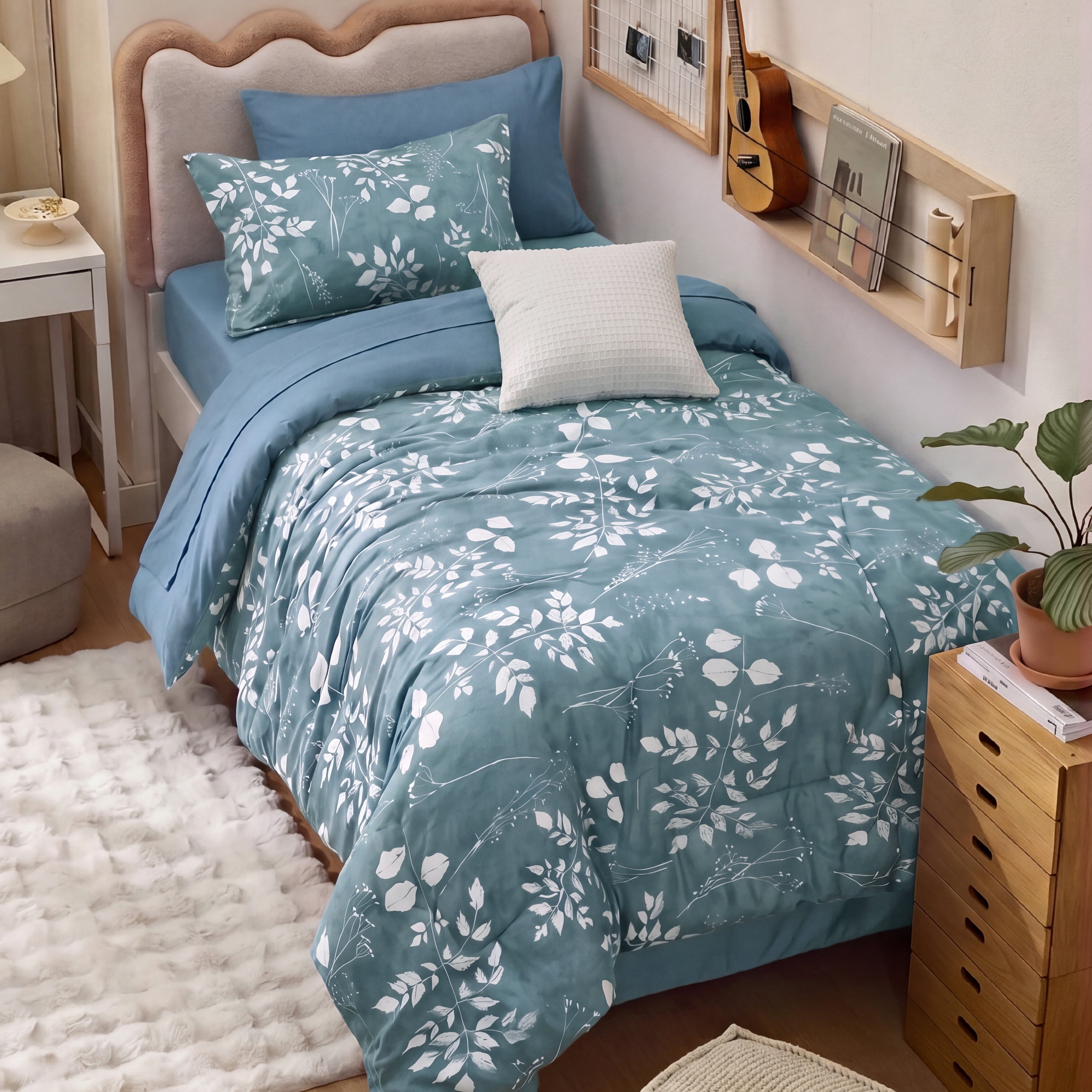 U Bedsure U by Bedsure Twin/Twin XL Mineral Blue Comforter Set for College Dorm, 5-Pieces Bed in a Bag with Botanical Flowers Comforter, Sheets, Pillowcases & Shams