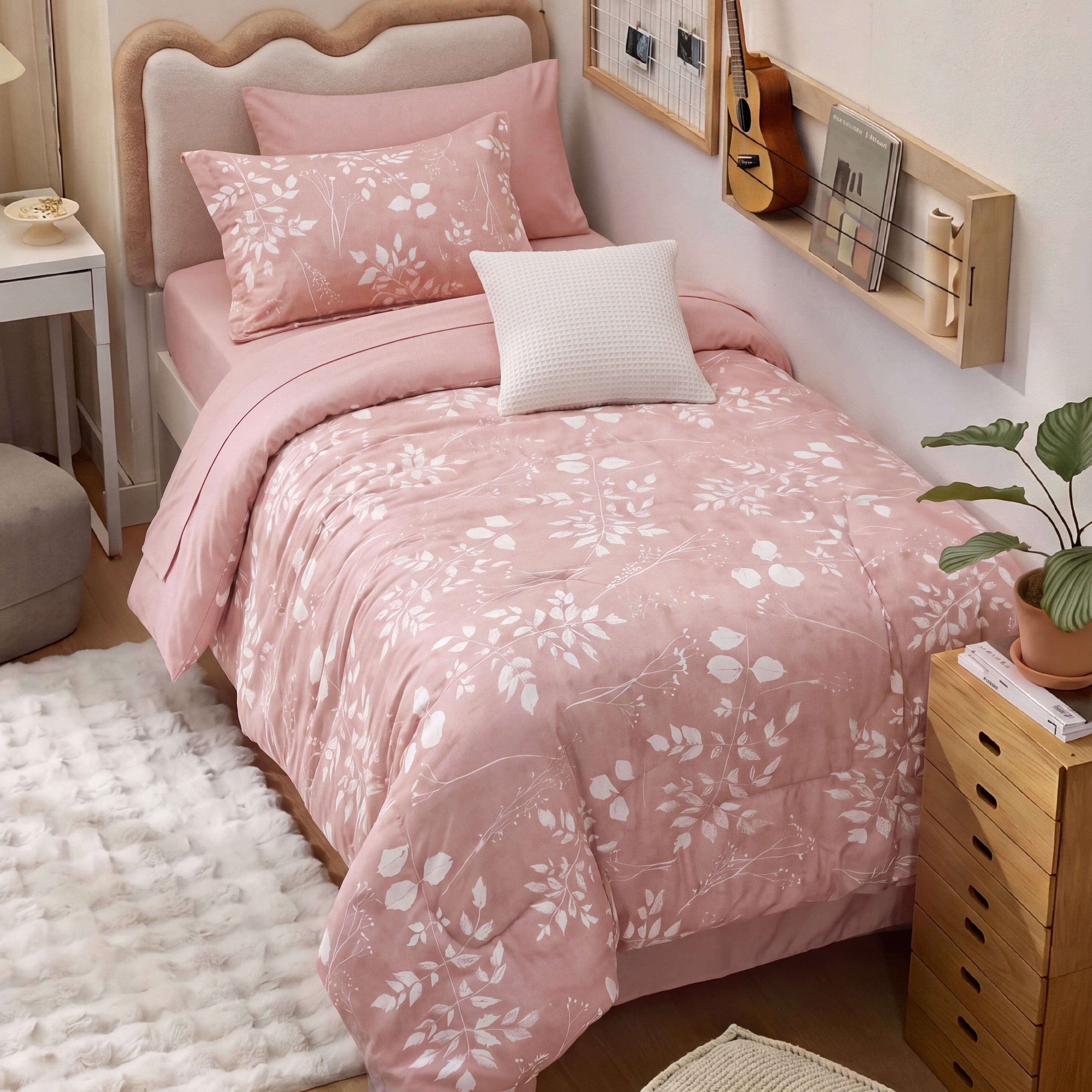 U Bedsure U by Bedsure Twin/Twin XL Pink Comforter Set for College Dorm Girl, 5-Pieces Bed in a Bag with Botanical Flowers Comforter, Sheets, Pillowcases & Shams