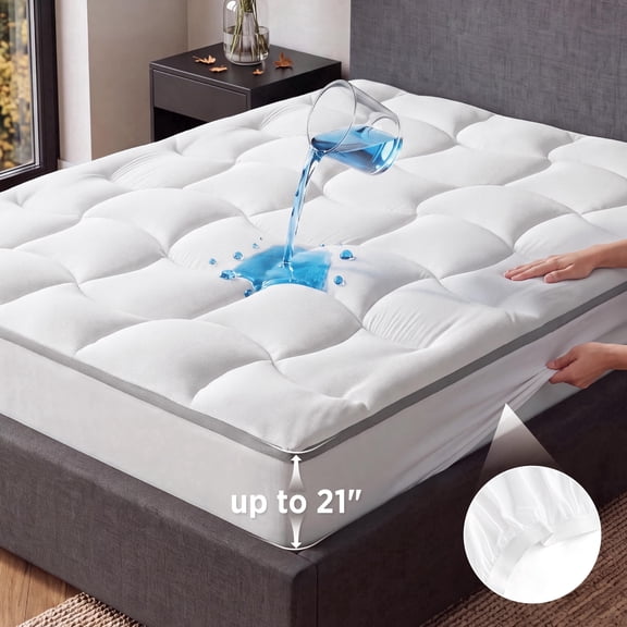 U by Bedsure Waterproof Mattress Topper Extra Thick Mattress Pad King Size, Back Pain Relief Quilted Fitted White Machine Washable Noiseless Mattress Protector with 8-21 inches Deep Pocket