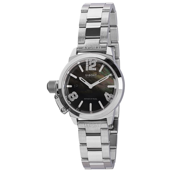 U-Boat Classico Stainless Steel Black Mother-Of-Pearl Dial Diamonds Date Quartz Womens Watch 8899