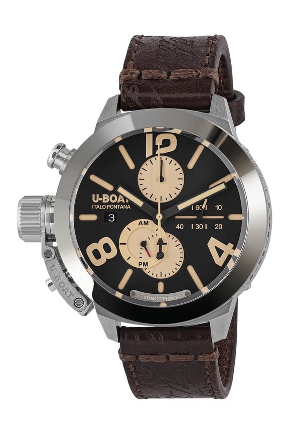 Classico Tungsteno CAS1 Automatic Chronograph Stainless Steel Black Dial Brown Leather Strap Date Mens Watch 9567
