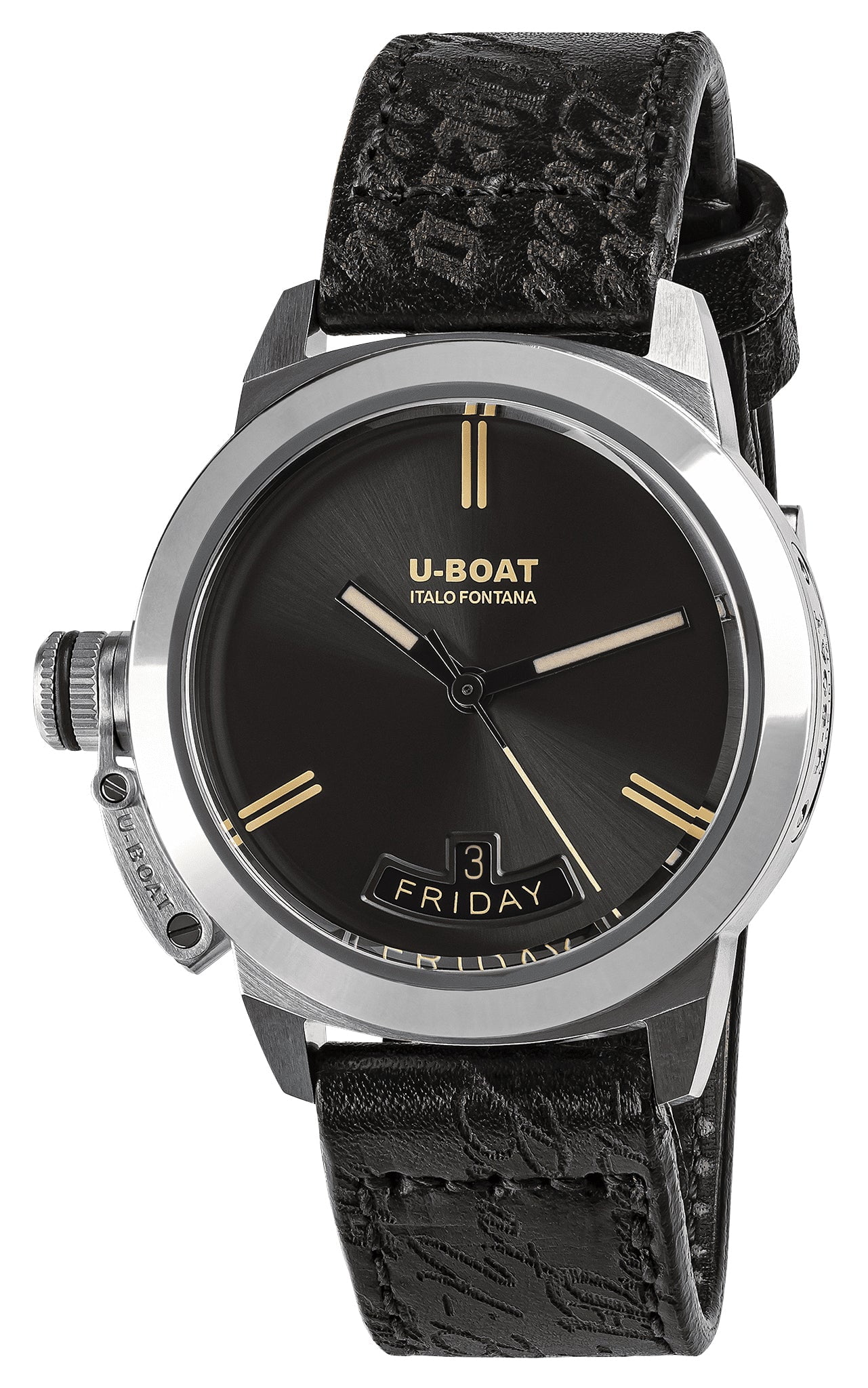 U-BOAT Classico Vintage Automatic Stainless Steel Gray Dial Black Leather Strap Day/Date Mens Watch 8891