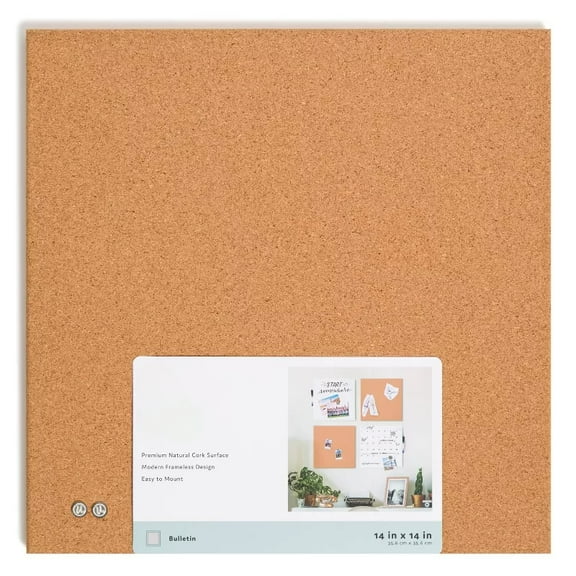 U Bramds 14"x14" Square Frameless Cork Board Tile: Wall Mount Bulletin Pinboard with Push Pins, Brown