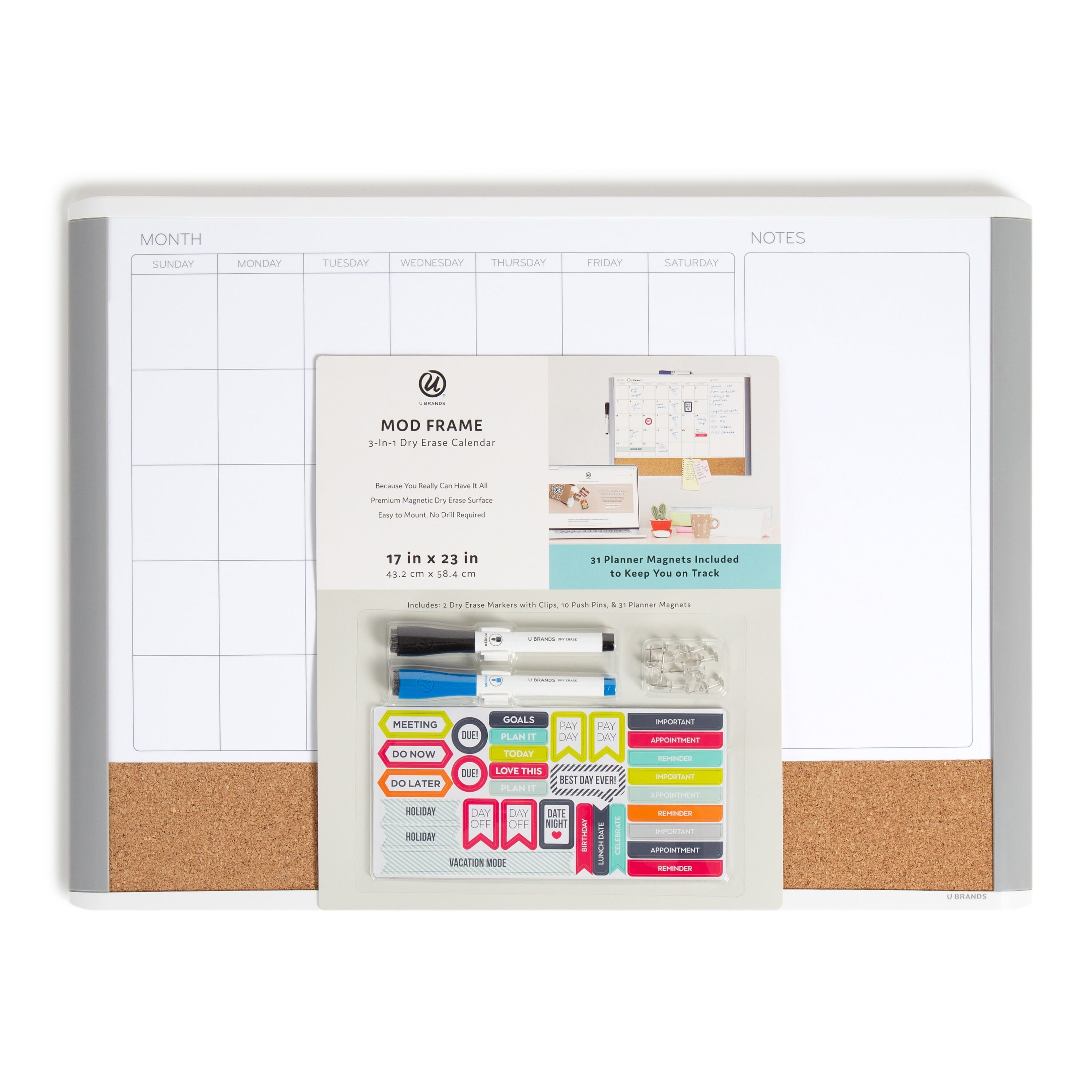 Magnetic 3-in-1 White and Gray Dry Erase Calendar Board