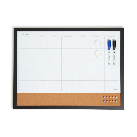 U Brands 23 x 17 in. Magnetic Dry Erase Calendar Combo Board, Black Wood Style Frame
