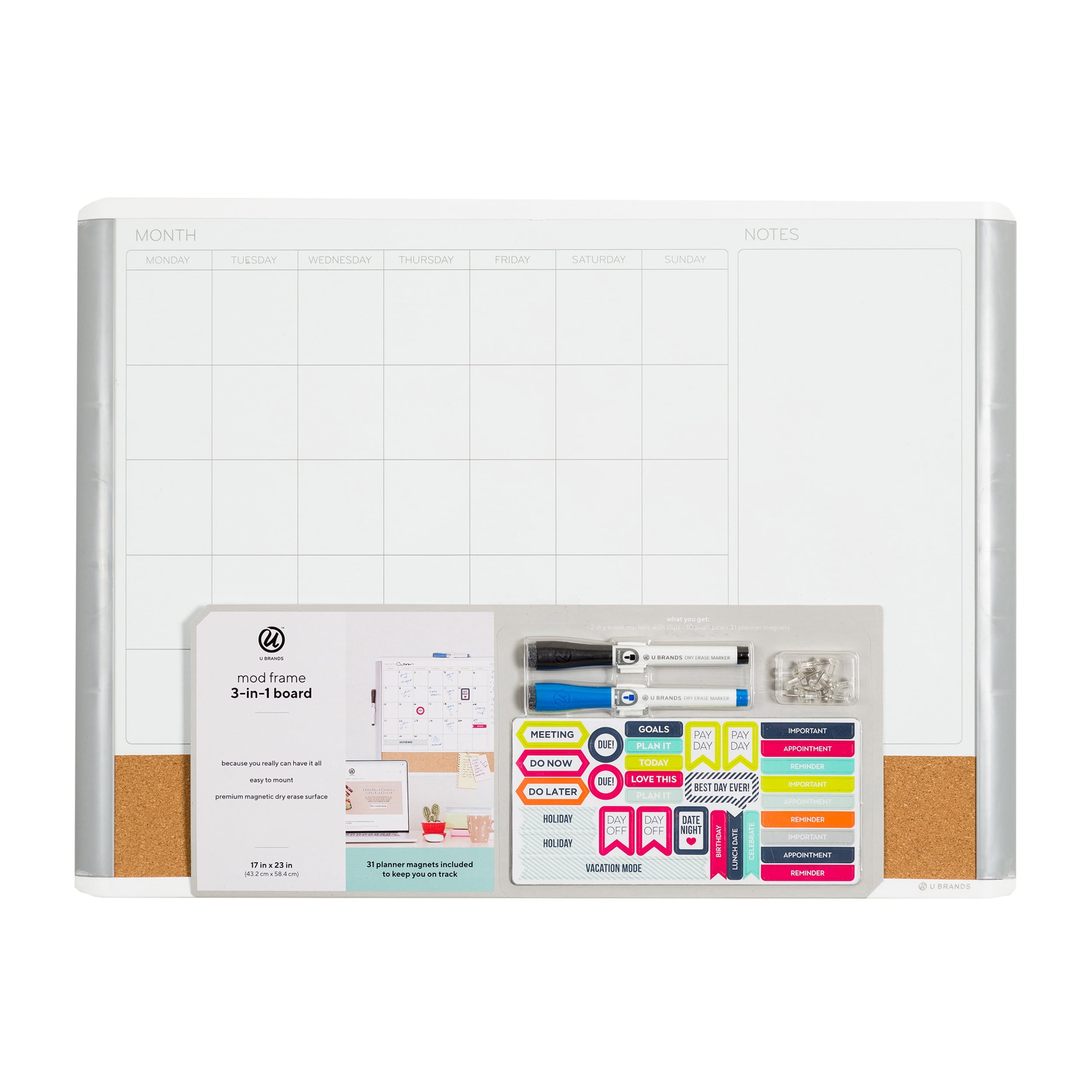 U Brands 3-in-1 Dry Erase Calendar Whiteboard, White and Gray, 3214u