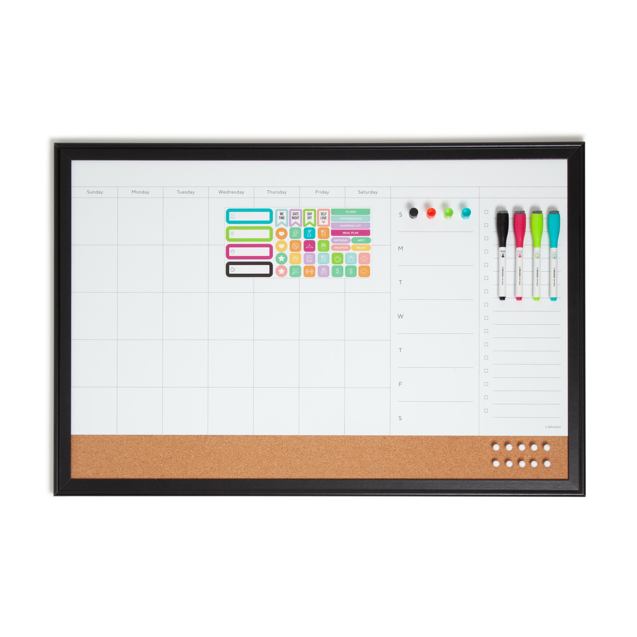 UBrands30 x 20 in. Magnetic Dry Erase Calendar Planner Combo Board, Black Wood Style Frame