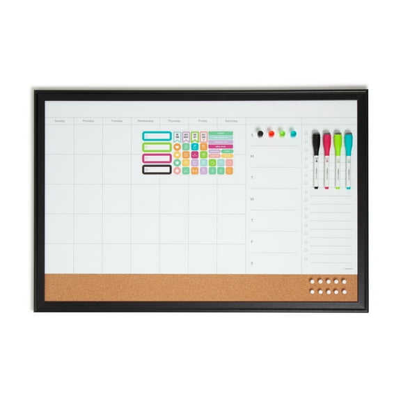 UBrands30 x 20 in. Magnetic Dry Erase Calendar Planner Combo Board, Black Wood Style Frame