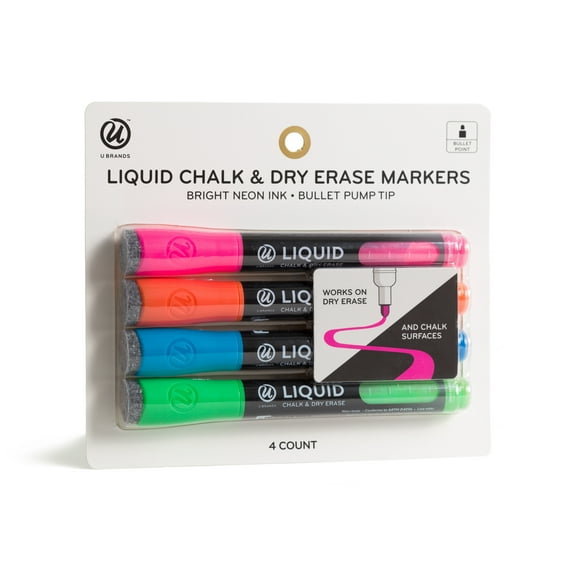 U Brands 4 Pack Liquid Chalk & Dry Erase Markers, Highlighters, Bullet Tip Assorted Color (3368WD8-32)