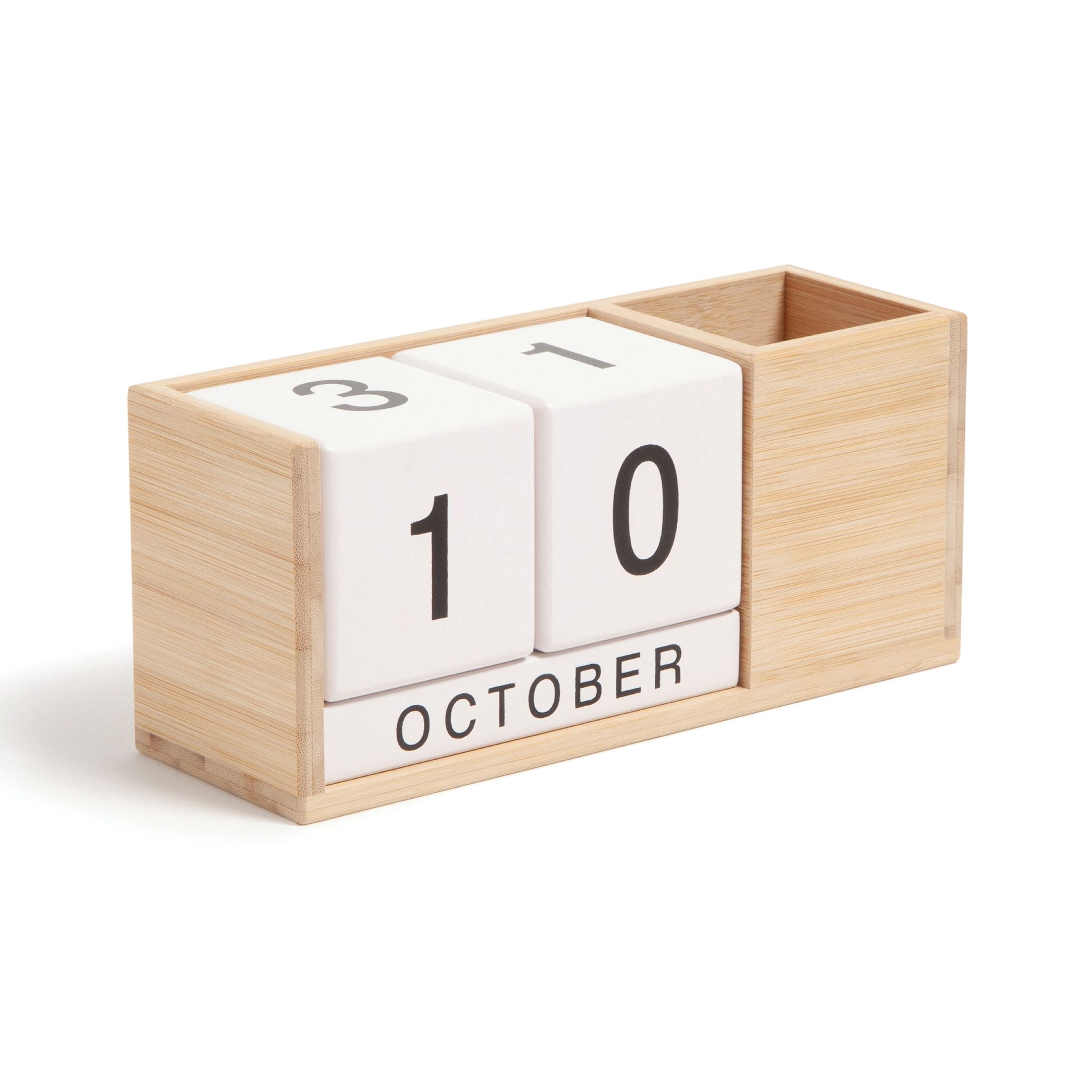 U Brands Bamboo Desktop Perpetual Block Calendar and Pencil Cup, 8.4 x 2.8 x 3.6 in.