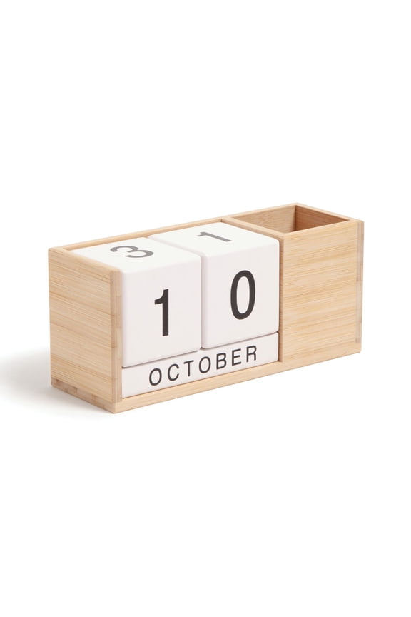Bamboo Desktop Perpetual Block Calendar and Pencil Cup, 8.4 x 2.8 x 3.6 in.