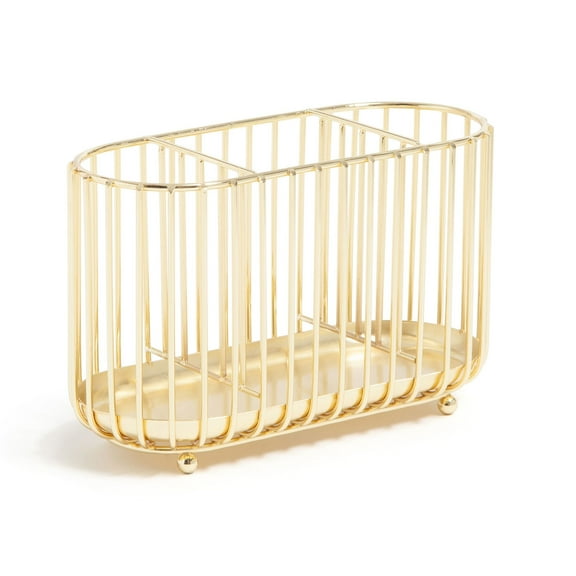 U Brands Bent Wire Triple Pencil Cup, 4.1 x 7.1 x 3.1 in., Gold Metal, Oval