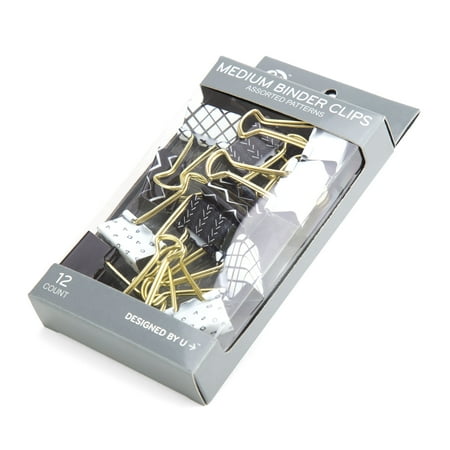 U Brands Binder Clips, Medium Sized, 1/2 Paper Holding Capacity, Black White and Gold, 12-Count
