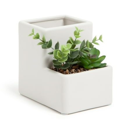 U Brands Ceramic Desktop Planter Pencil Cup, 5.1 x 3.8 x 4.8 in., White