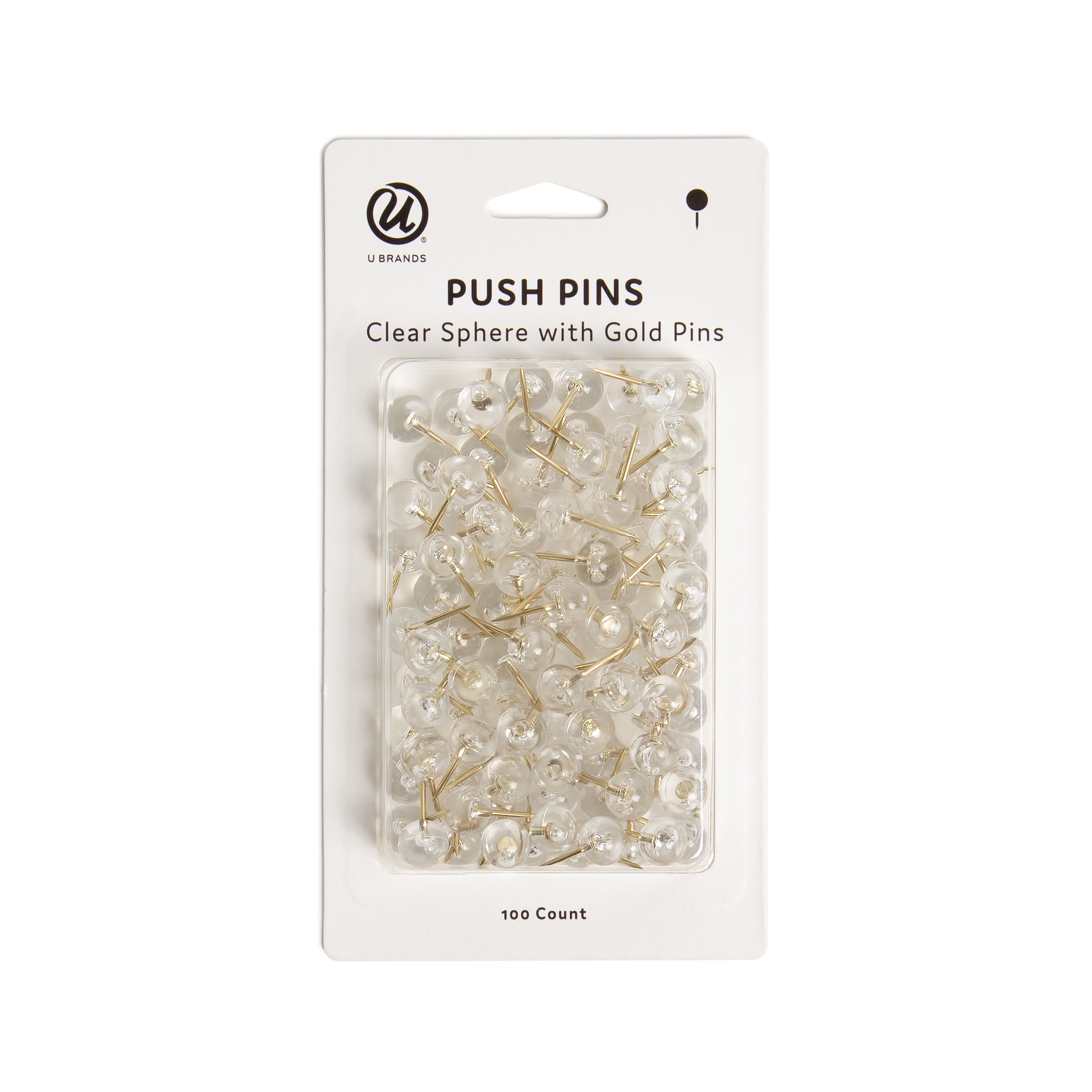 U Brands Clear Sphere Push Pins, Gold Finish Steel, 100 Count