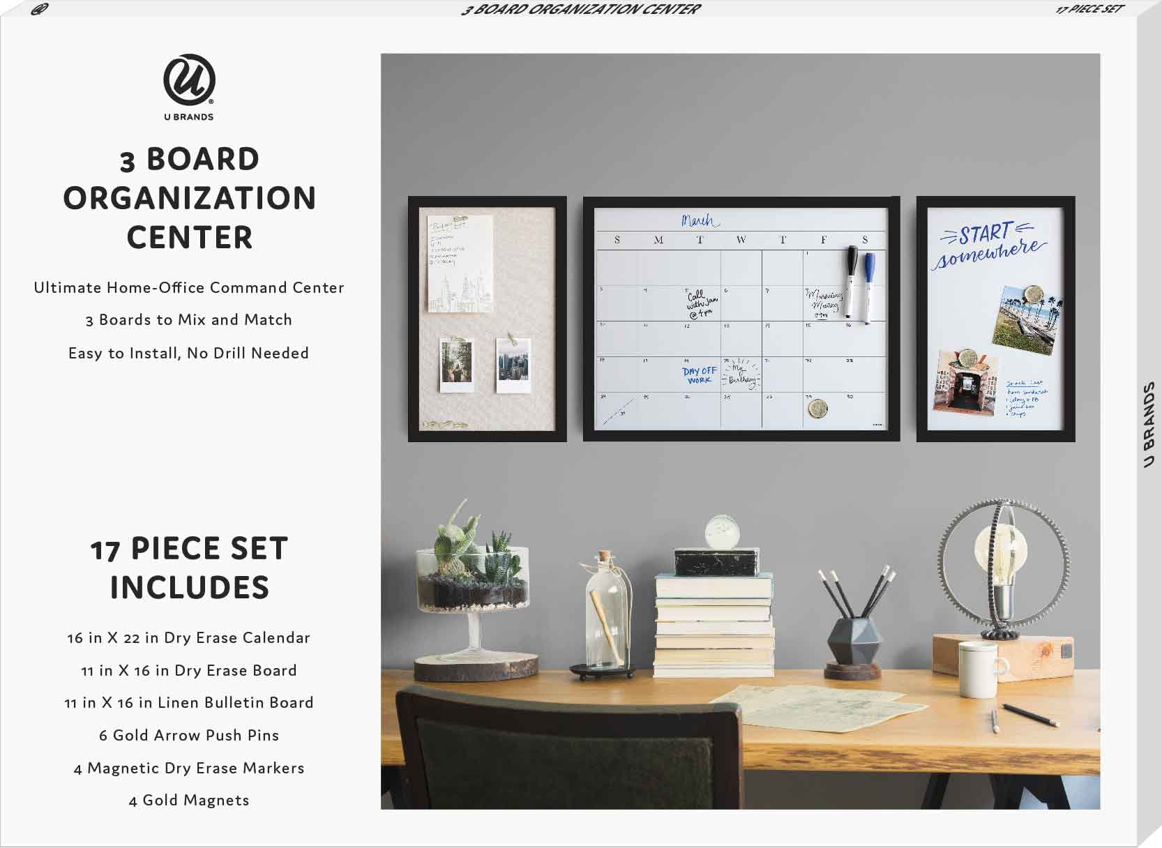 U Brands Dry Erase Calendar and Bulletin 3 Board Set, Black MDF Frame