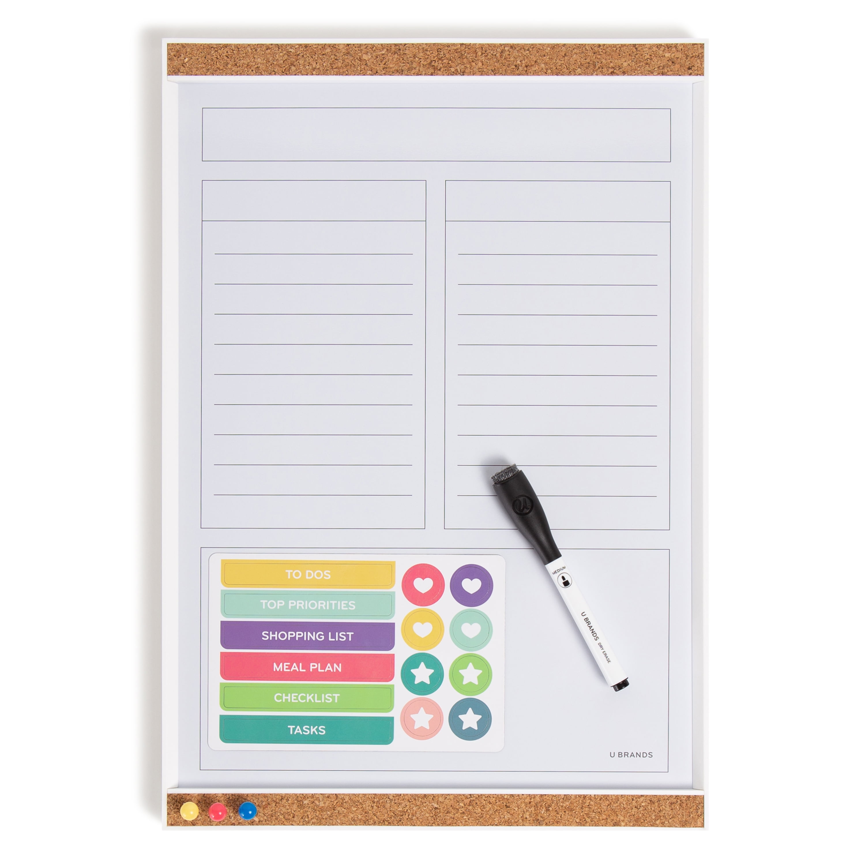 U Brands Dry Erase Combo Board, Whiteboards, 11" x 16", White Plastic Frame, Cork Strips, 5311U