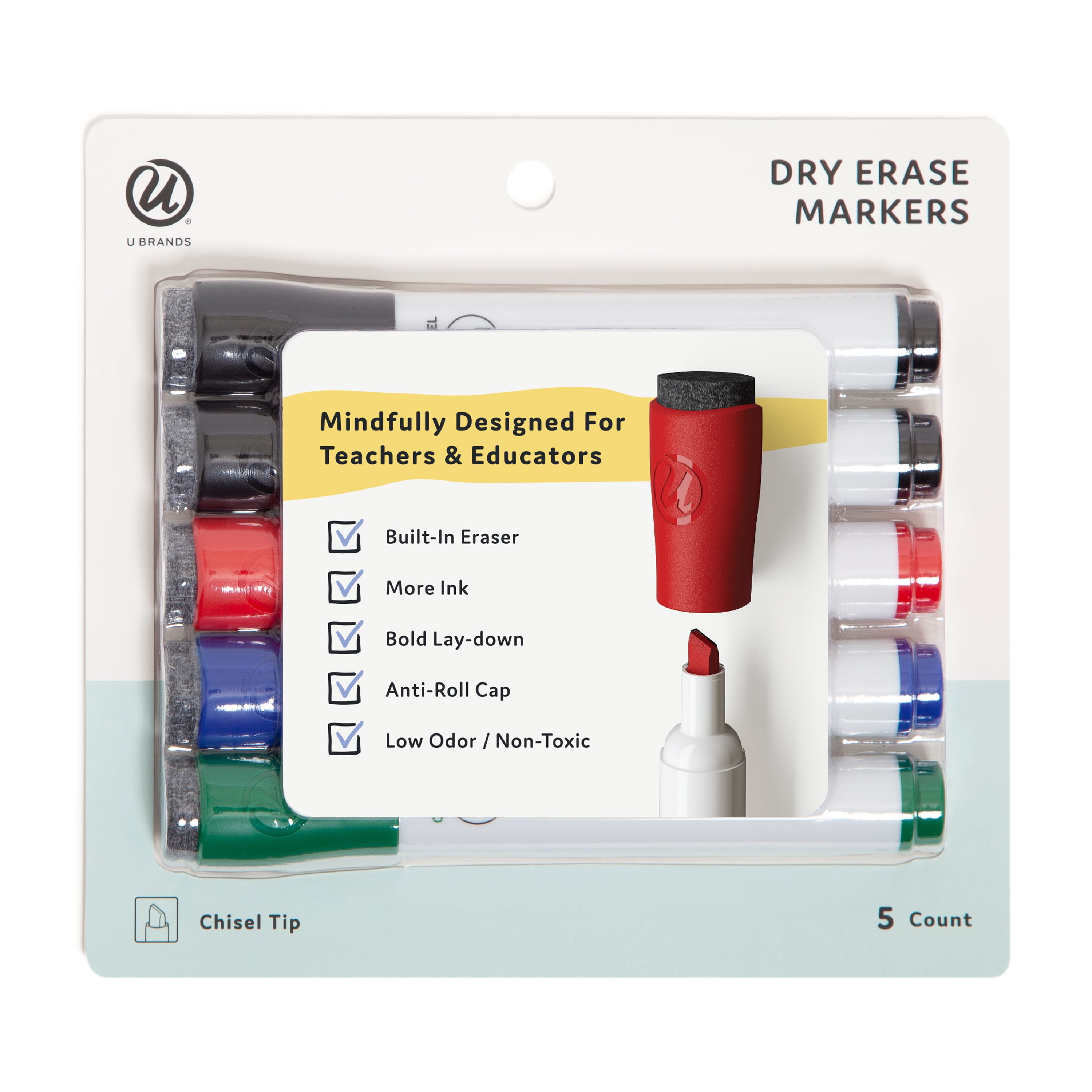 U Brands Dry Erase Markers, "More Ink", 5 Count, Assorted Colors, 6091U