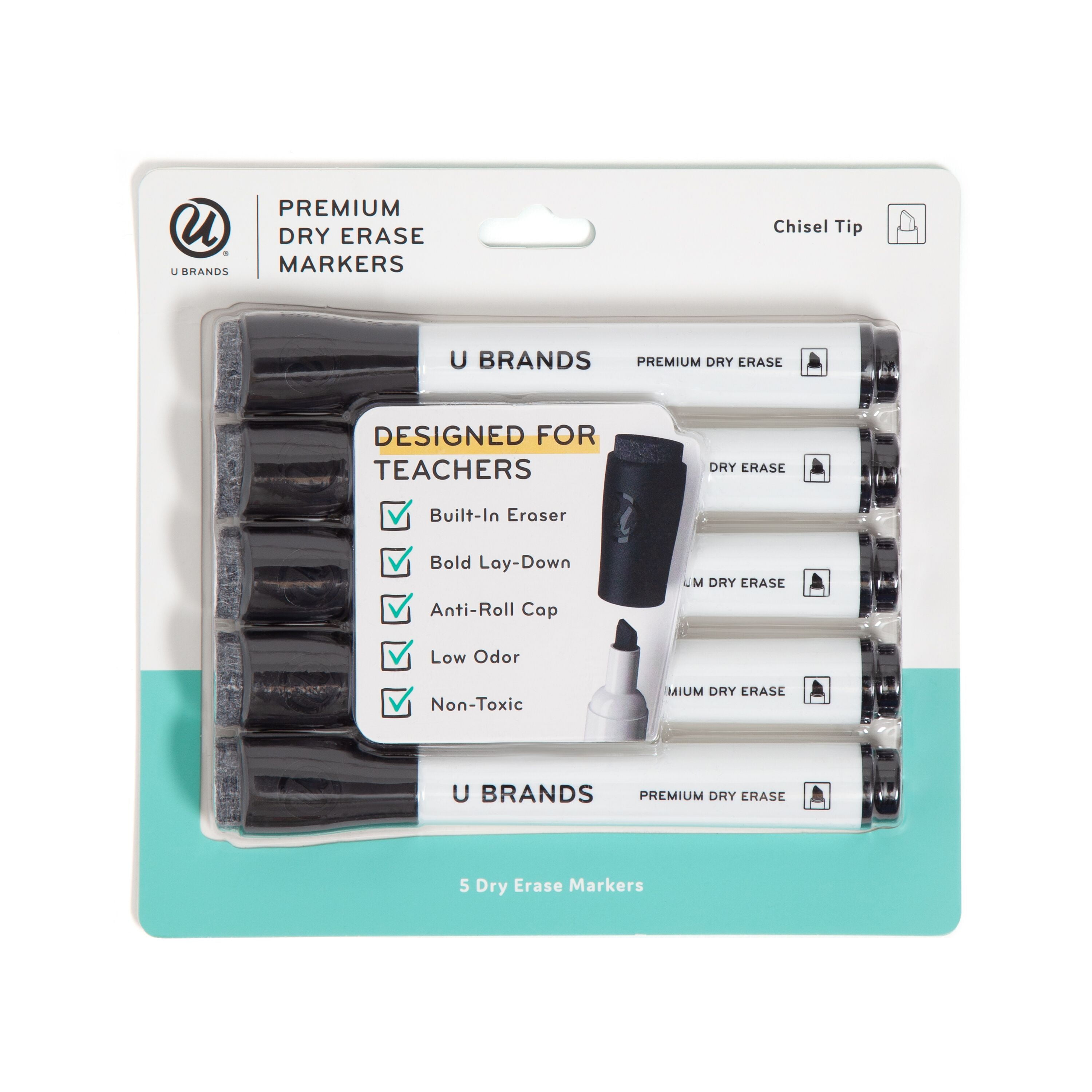 U Brands Dry Erase Markers, "More Ink", 5 Count, Black