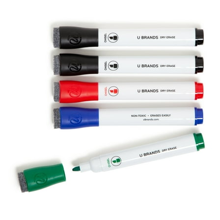 U Brands Dry Erase Markers, 5 Count, Assorted Colors, Low-Odor, Chisel (5 mm) Tip