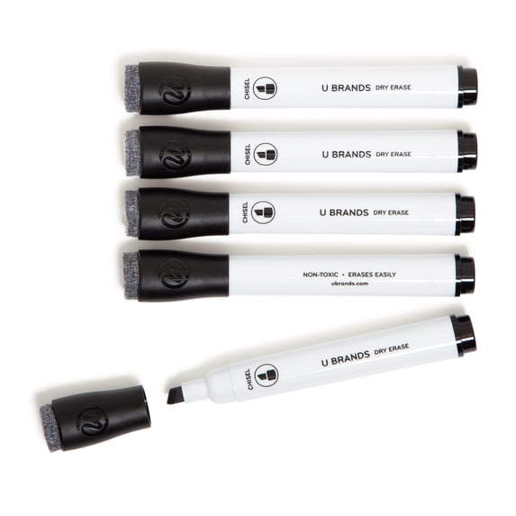 U Brands Dry Erase Markers, 5 Count, Black, Low-Odor, Chisel (5 mm) Tip