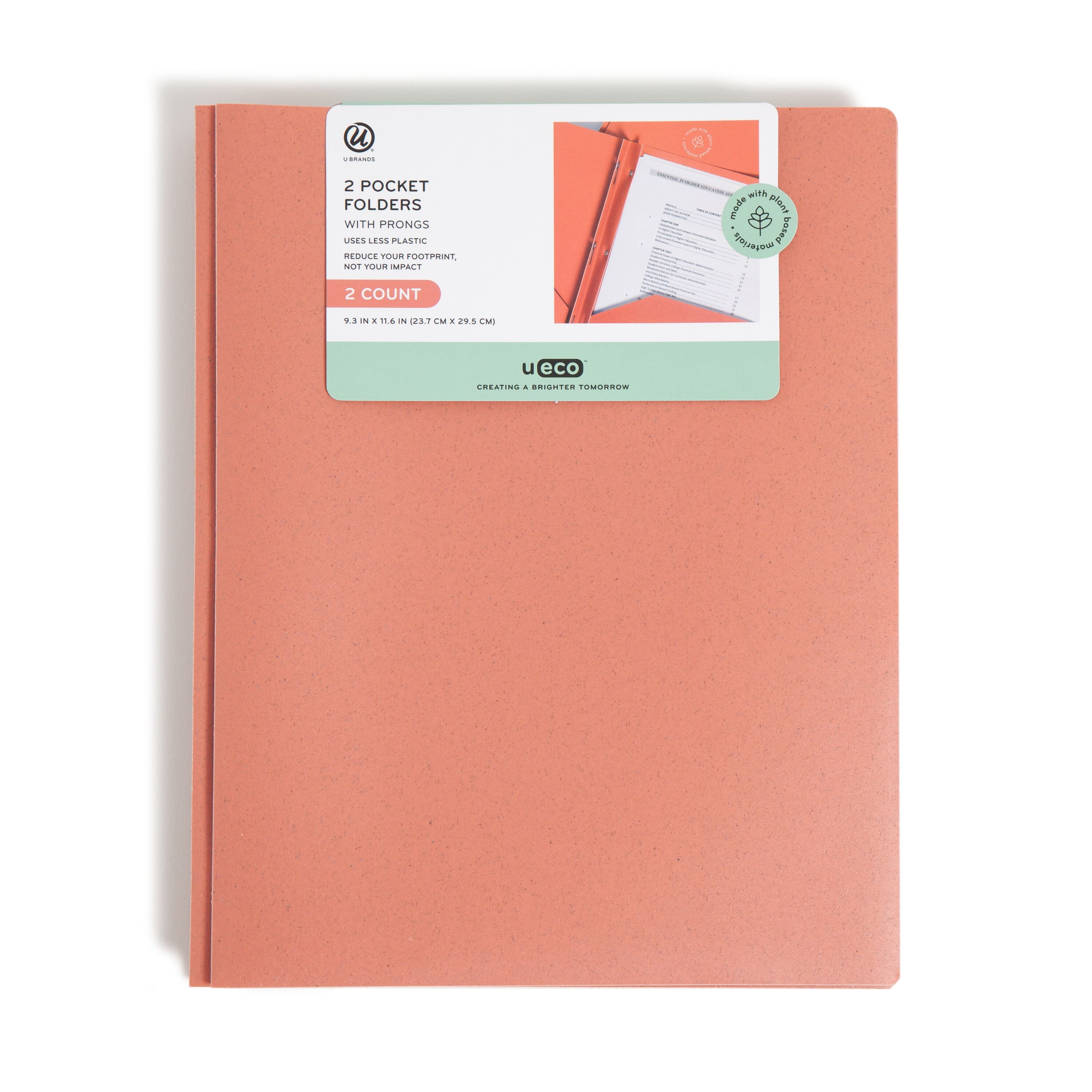 U Brands Eco 2 Pocket Folders with Prongs, 2 Pack, Orange, 6333T