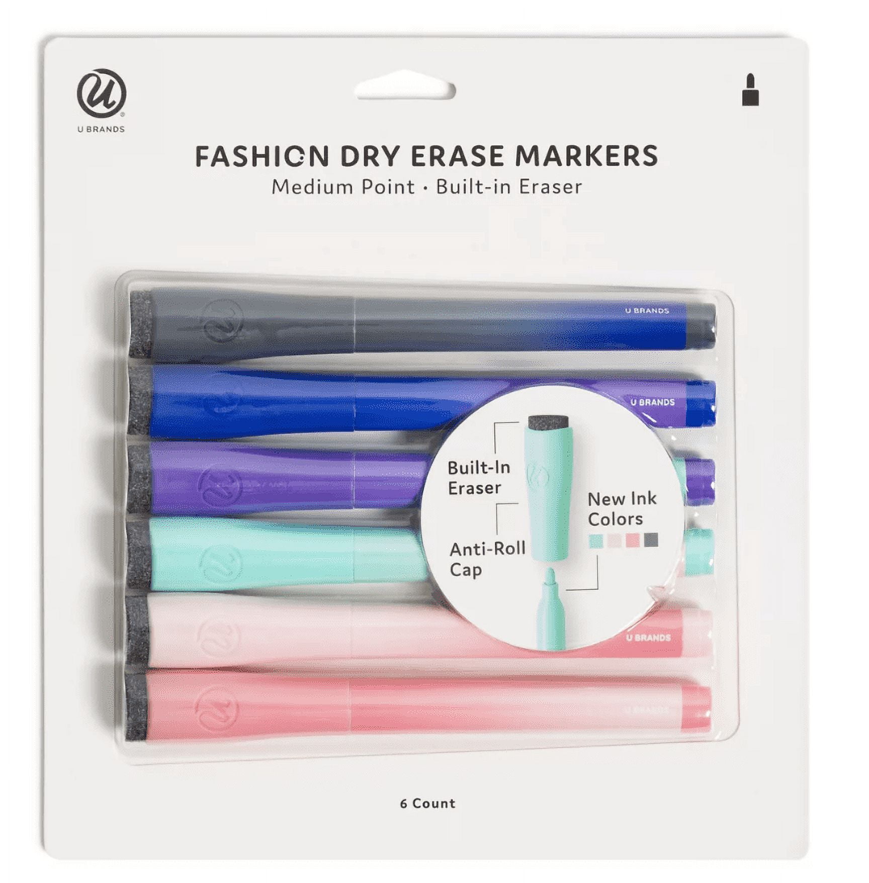 U Brands Fashion Pastel Medium Point Dry Erase Markers, 6-Count