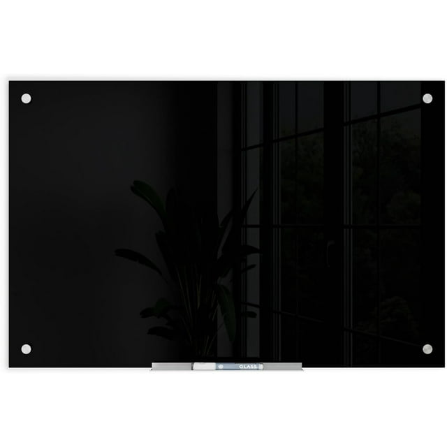 U Brands Glass Dry Erase Board, 35"x23", Black Surface with Silver