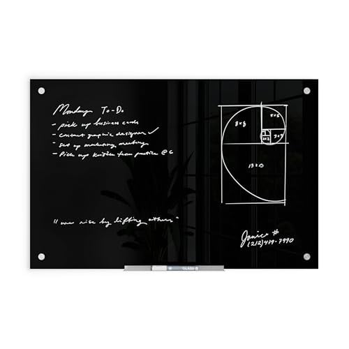 U Brands Glass Dry Erase Board, 35"x23", Black Surface with Silver