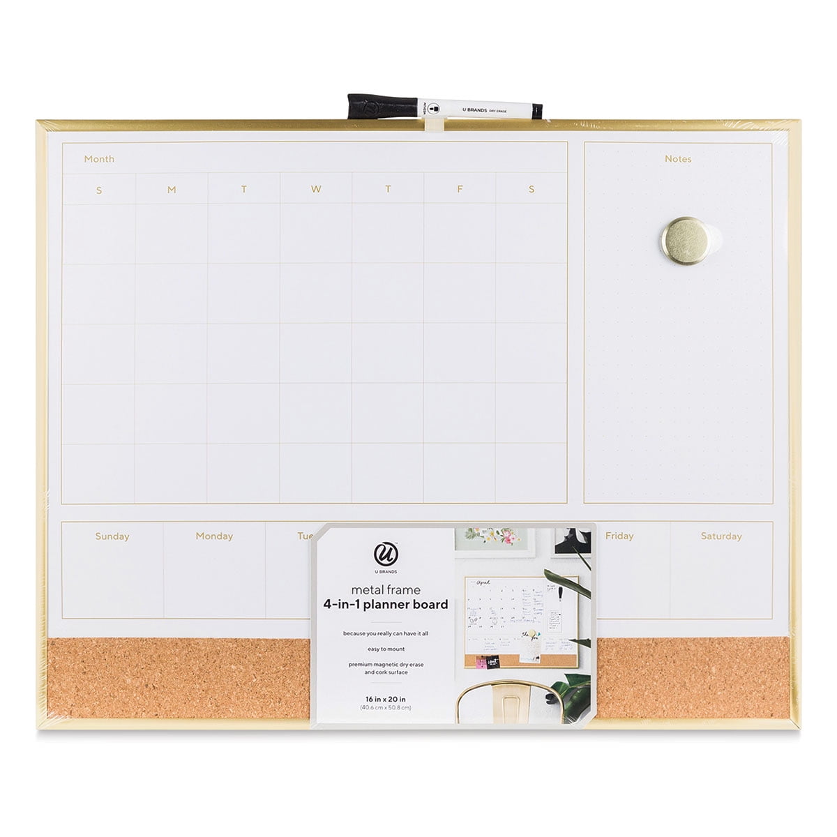 Gold Metal Frame 4-in-1 Dry Erase Calendar Planner Board