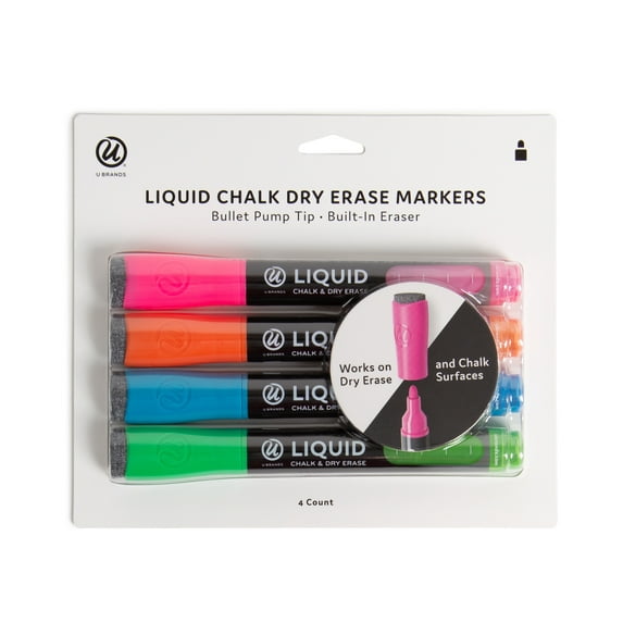 U Brands Liquid Chalk and Dry Erase Markers, Bullet Tip (3mm), Multi-Color, 4 Count