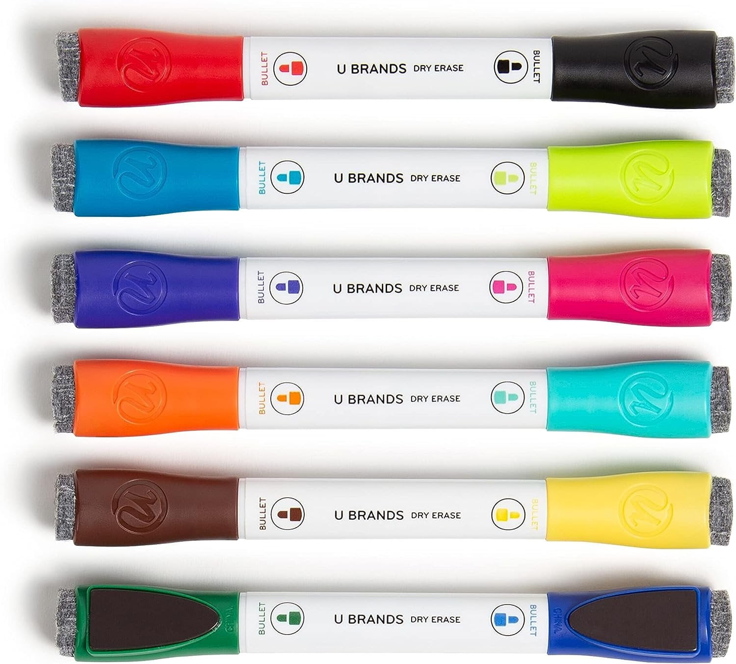 U Brands Low Odor Magnetic Double Ended Dry Erase Markers With Erasers,  Bullet Tip, Assorted Colors, 6-Count, 507U06-24 : : Office Products