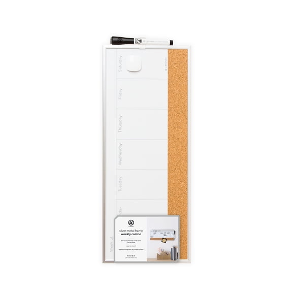 U Brands Magnetic Dry Erase Calendar Board, 16" x 7", Whiteboard, Silver Frame, 358U