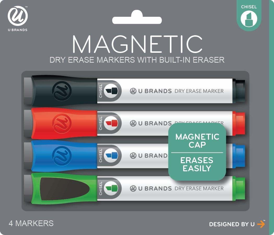  U Brands Low Odor Magnetic Dry Erase Markers with Erasers,  Chisel Tip, Assorted Colors, 6-Count : Office Products
