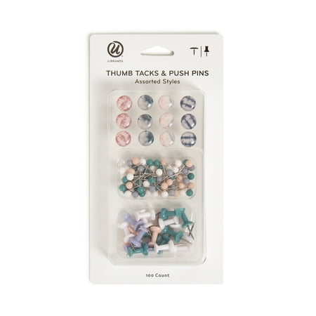 U BRANDS Soft Dye Assorted Push Pins, Steel, Multi-Color, 100 Count, 2921U