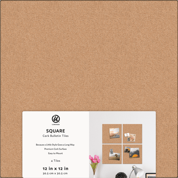 U Brands Square Cork Tile EVA Bulletin Board, 12" x 12", frameless, 4 Count, 4876U