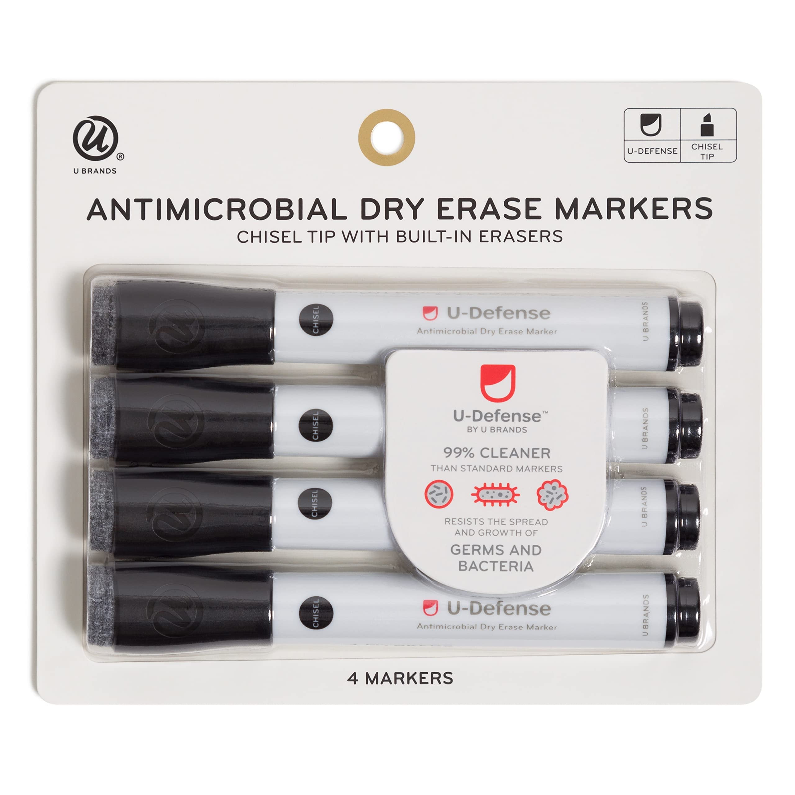 U Brands U Defense Dry Erase Markers, Office Supplies, Chisel Tip, Black, 4 Count