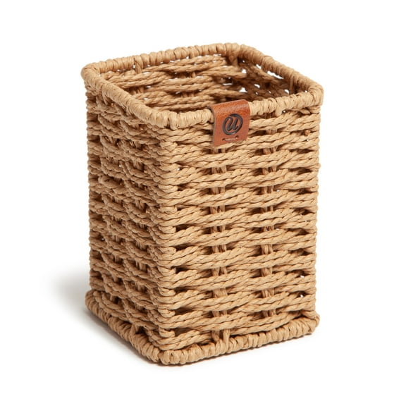 U Brands Woven Pencil Cup, Brown, Made of Natural Materials, Square Shape, 3.2 x 3.2 x 4.2 inches