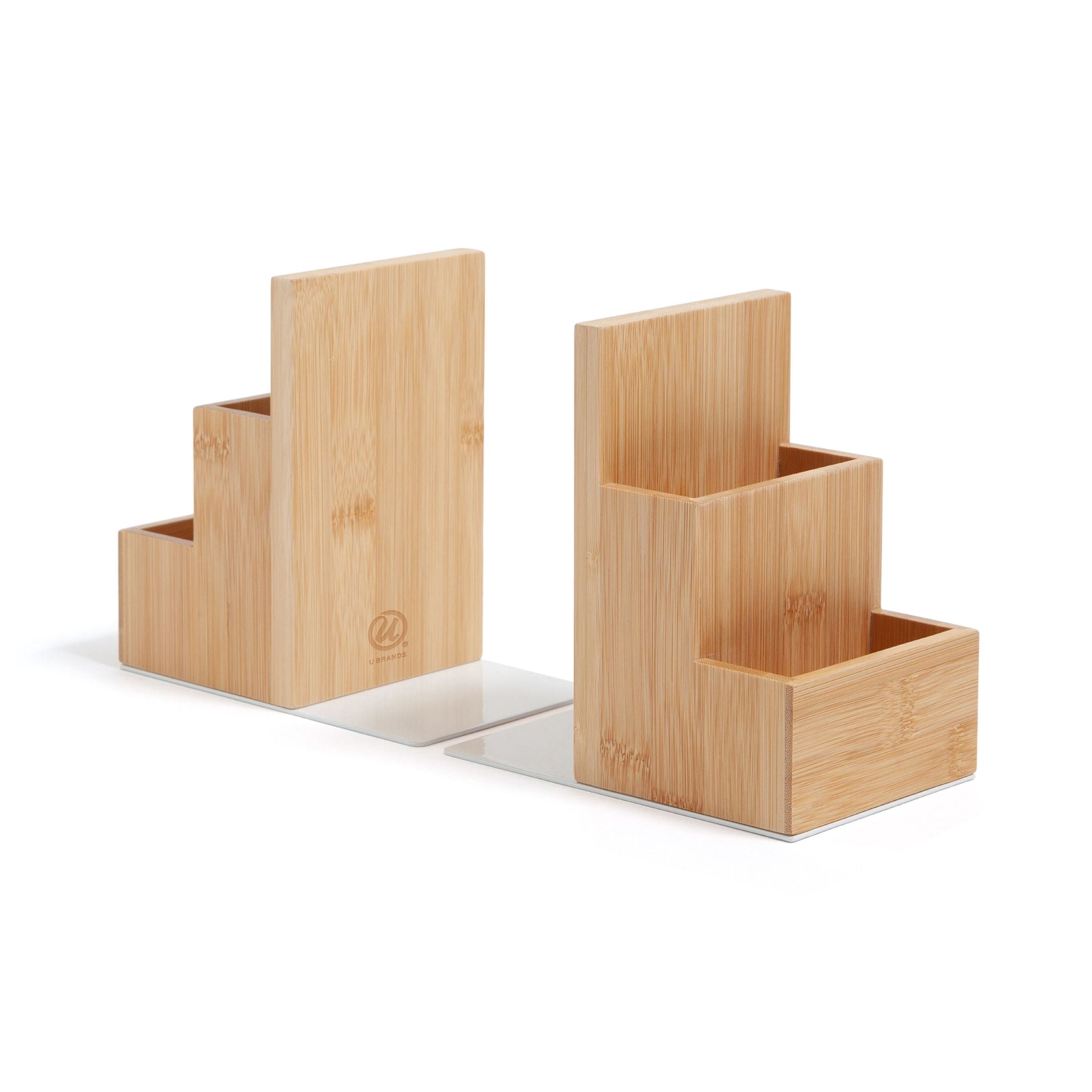 U Brands Zen Storage Bookends, Set of 2, 6.2 x 3.9 x 6.2 in., Bamboo, Pencil Cup, Mid-Century