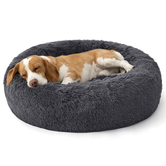 U By Bedsure SupportMax™ Calming Dog Bed 30" Donut Washable Pet Bed for Medium Dogs, Anti-Slip Removable Cover, Plush Faux Fur, Up to 45 lbs