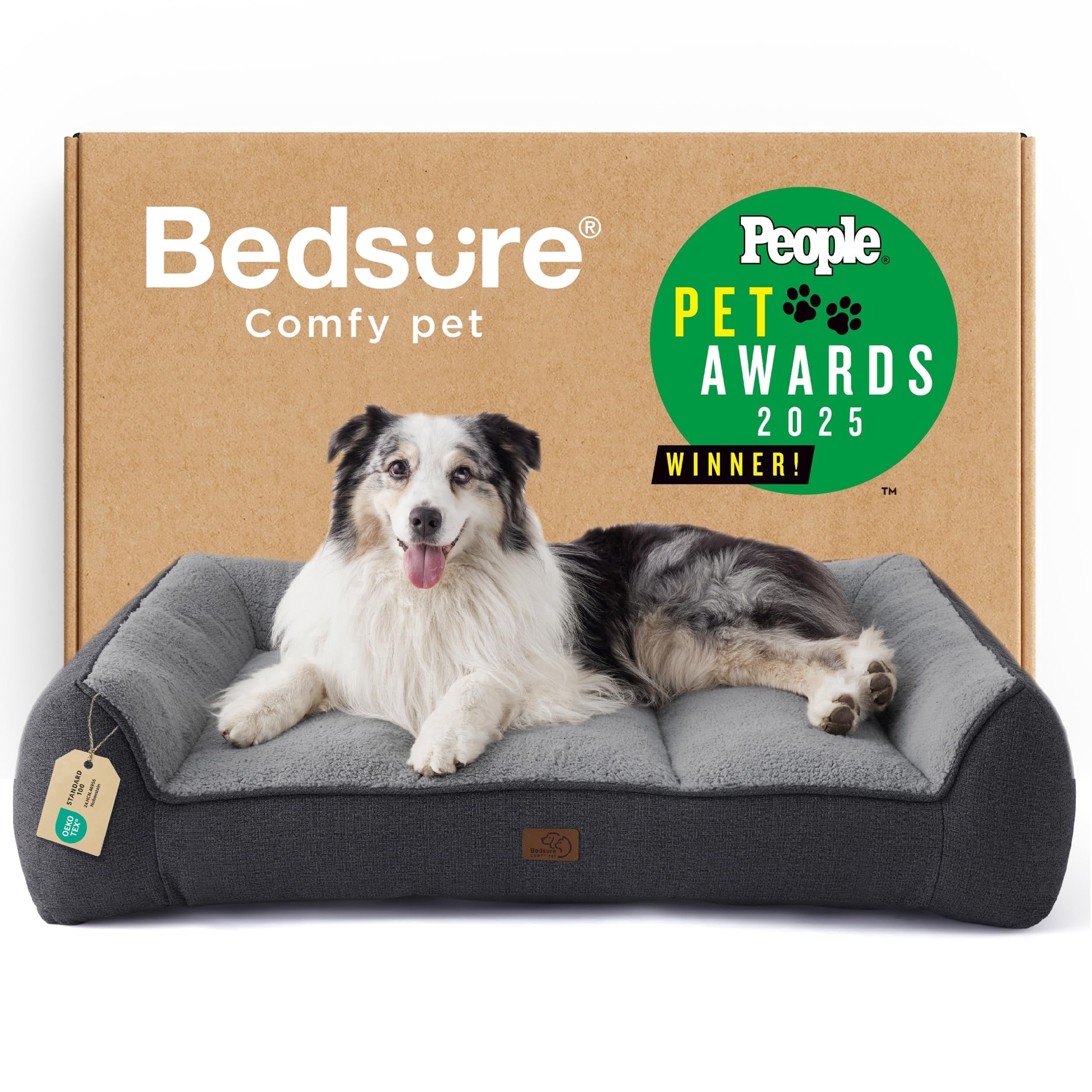 U by Bedsure Support Max Orthopedic Dog Bed for Extra Large Dogs - Extra Thick Foam XL Pet Couch Sofa with Bolster Sides, Waterproof Washable Sherpa Cover, Grey, 42"