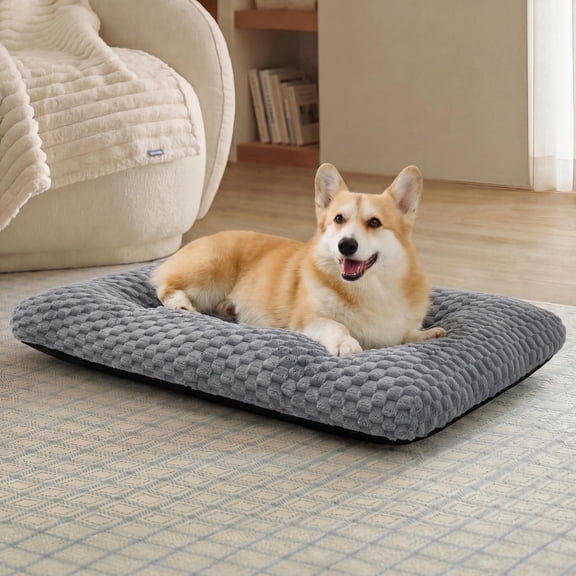 U By Bedsure Washable Dog Crate Bed, Soft Fluffy Fleece Pet Mat for Large Dogs, Non-Slip Machine Washable Kennel Pad, Grey 35" x 23" x 3.5"
