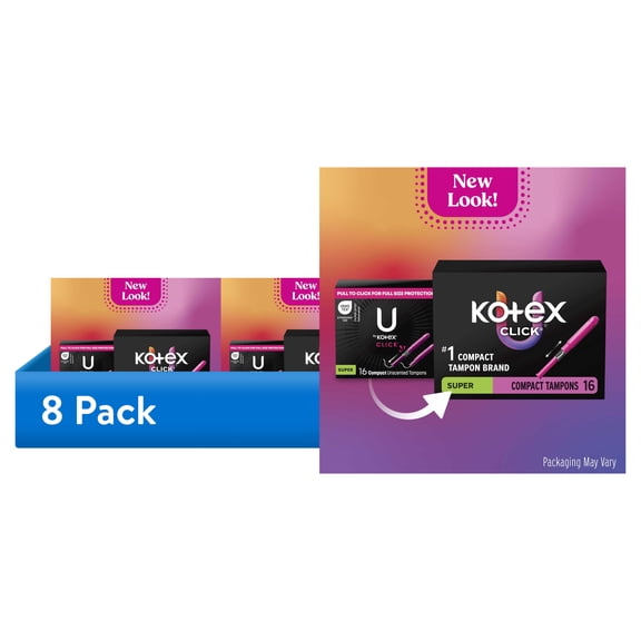 (8 pack) Kotex Click Compact Tampons, Super, Unscented, 16 Count