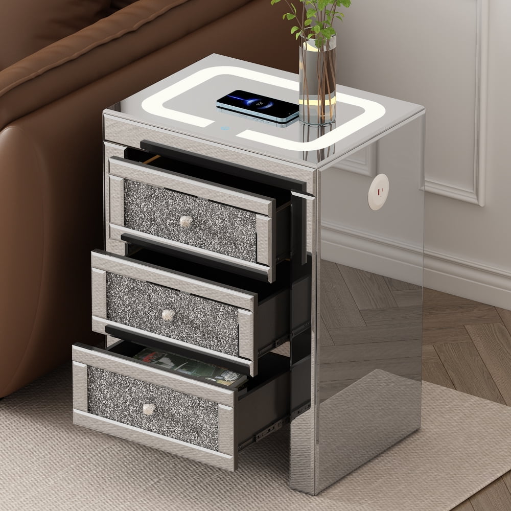 U-Can 15.7 "W Silver rectangular mirror end table with wireless and usb charging, modern side table with LED lights, living room 3 drawers with crystal style handles