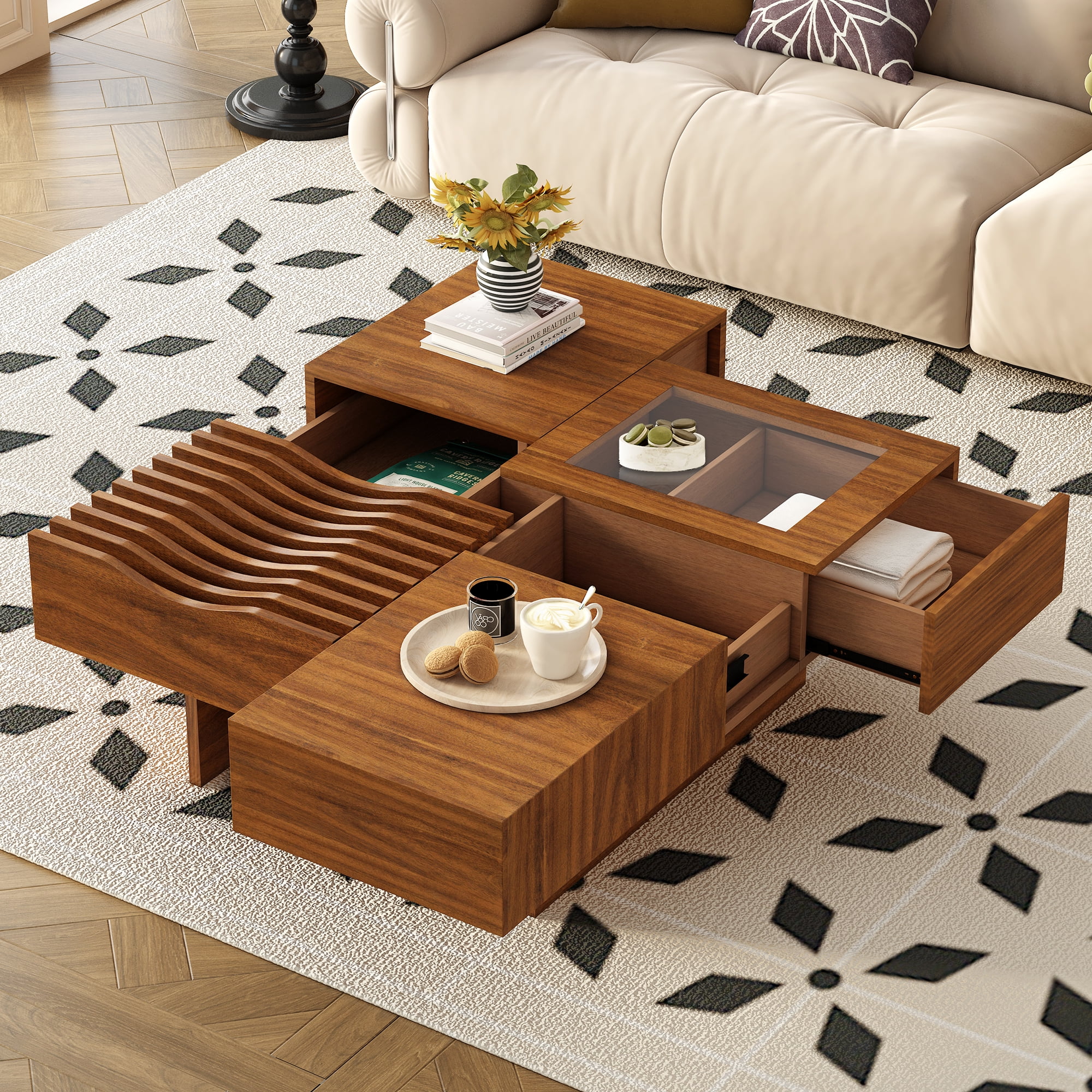 U-Can 33''Mid Century Modern Coffee Table,Unique Square Wooden Coffee ...