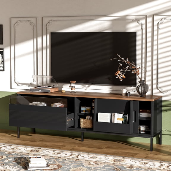 U-Can 70.8'' Modern TV Stand for TVs up to 75 Inches, Entertainment Center with Storage Space, Sliding Doors, Adjustable Shelves and Metal Frame, Mid Century Modern Media TV Console Table for Living