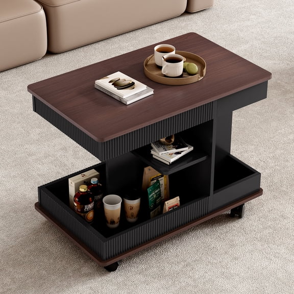 U-Can Adjustable End Table with Wheels, Modern Multifunctional Sofa Side Table with Lift-Top, 360Rotating Top and Storage Space for Living Room, Small Space